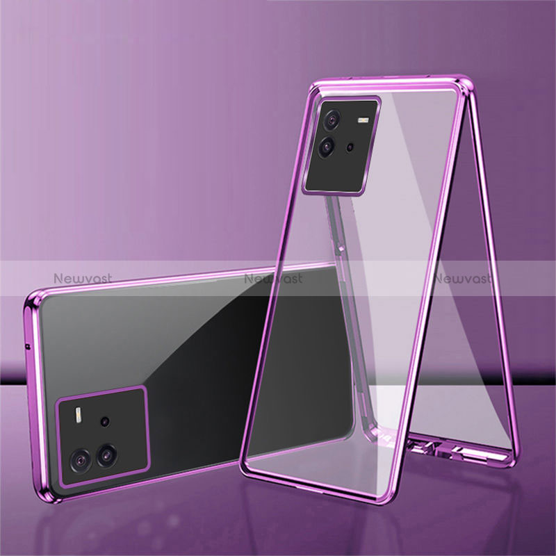 Luxury Aluminum Metal Frame Mirror Cover Case 360 Degrees for Vivo iQOO Neo6 5G Purple