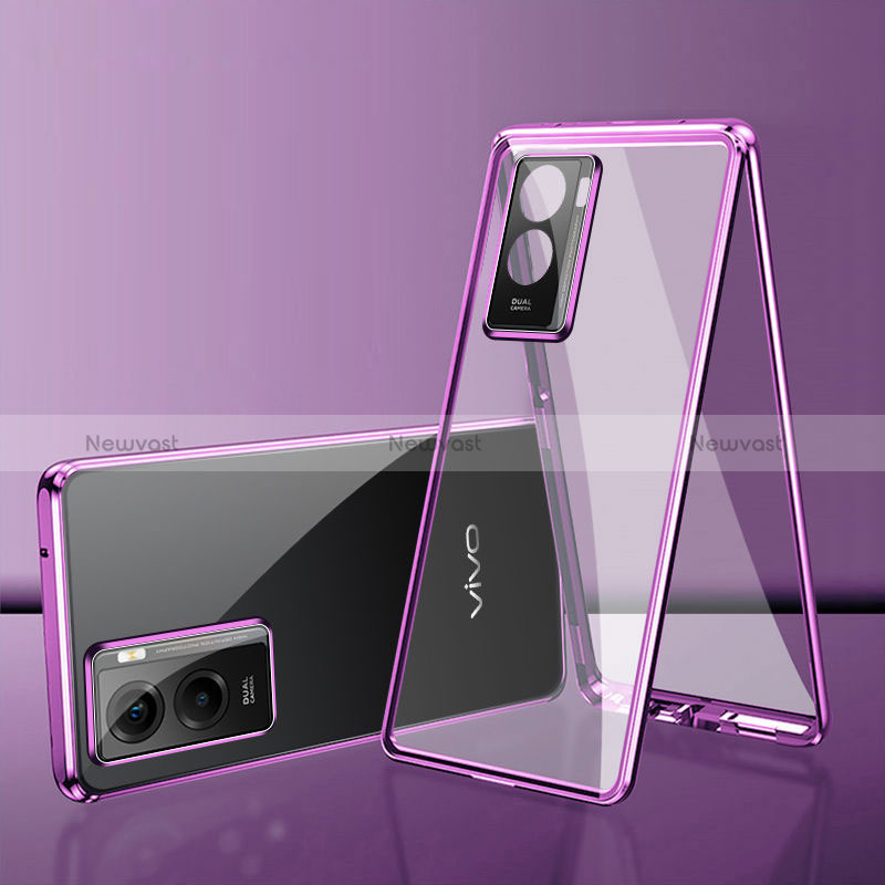 Luxury Aluminum Metal Frame Mirror Cover Case 360 Degrees for Vivo iQOO U5 5G Purple