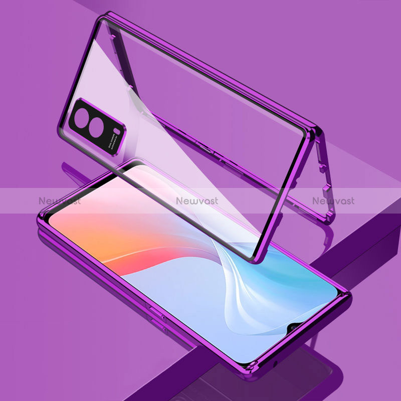 Luxury Aluminum Metal Frame Mirror Cover Case 360 Degrees for Vivo iQOO Z5x 5G Purple