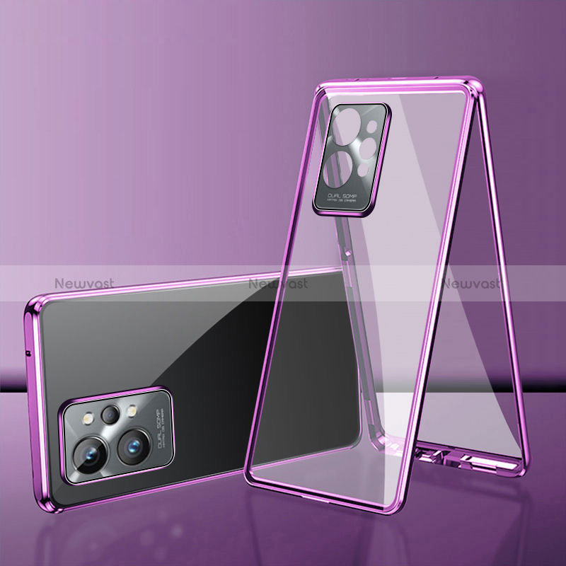 Luxury Aluminum Metal Frame Mirror Cover Case 360 Degrees for Vivo T1 5G India Purple