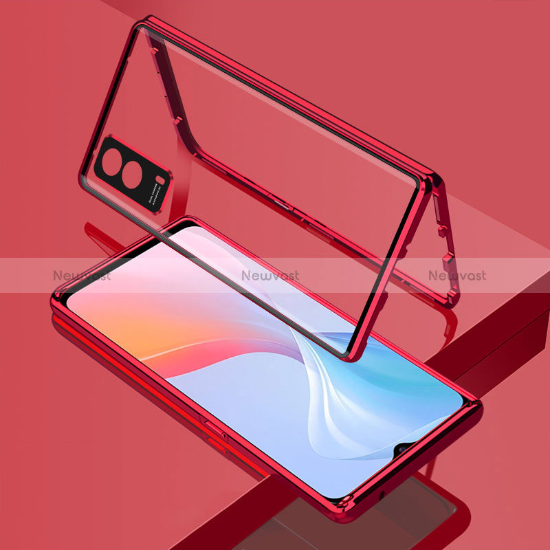 Luxury Aluminum Metal Frame Mirror Cover Case 360 Degrees for Vivo T1x 5G Red