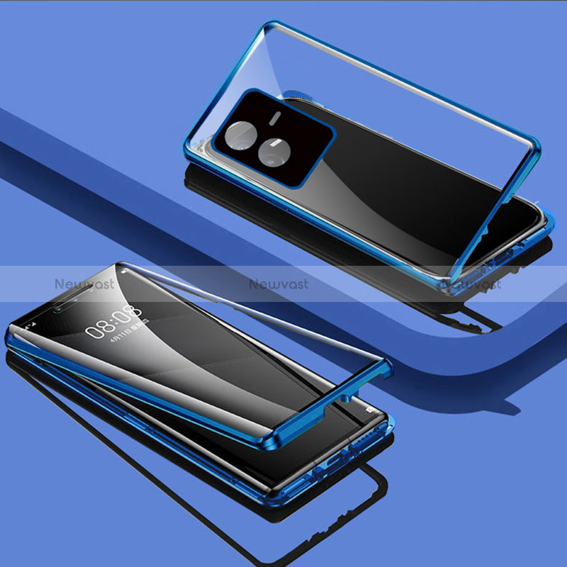 Luxury Aluminum Metal Frame Mirror Cover Case 360 Degrees for Vivo T2x 5G Blue