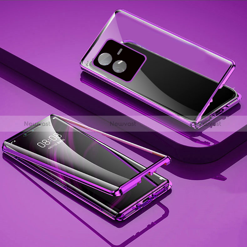 Luxury Aluminum Metal Frame Mirror Cover Case 360 Degrees for Vivo T2x 5G Purple