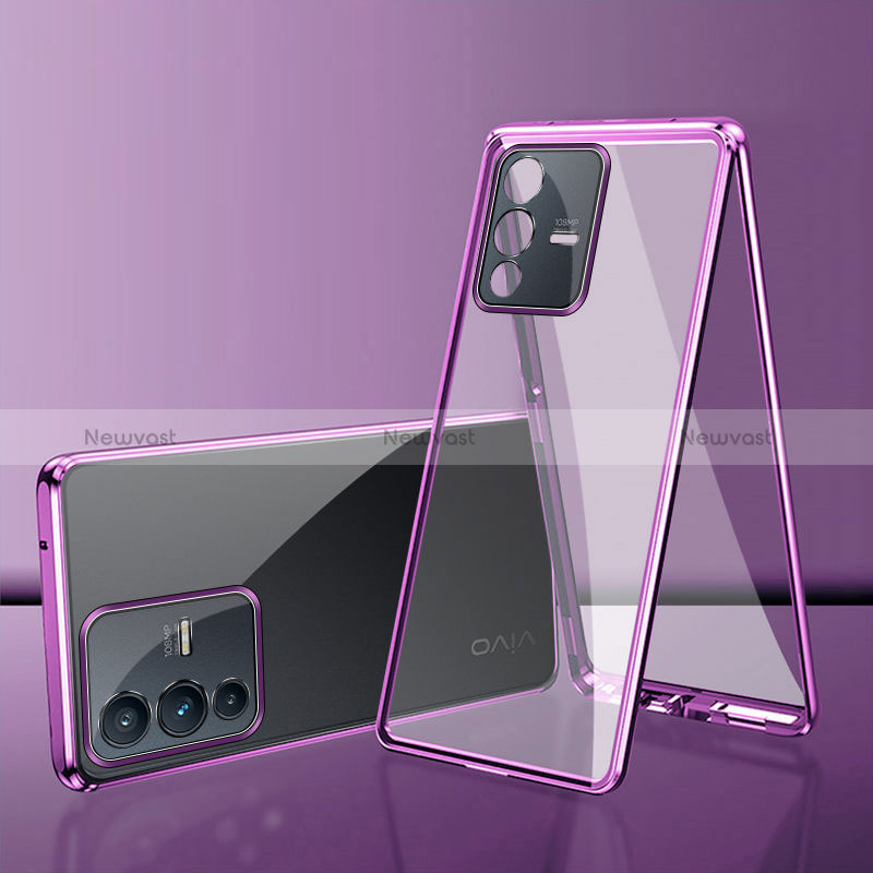 Luxury Aluminum Metal Frame Mirror Cover Case 360 Degrees for Vivo V23 5G Purple