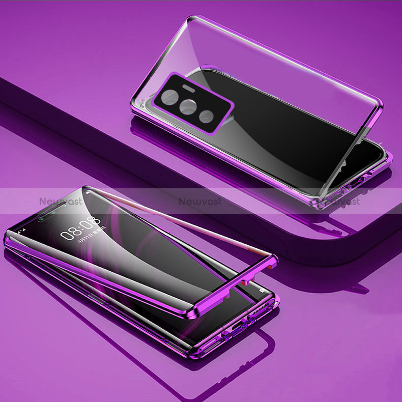 Luxury Aluminum Metal Frame Mirror Cover Case 360 Degrees for Vivo V23e 5G Purple