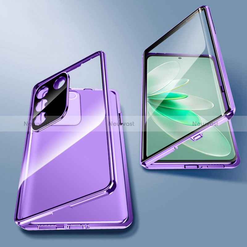 Luxury Aluminum Metal Frame Mirror Cover Case 360 Degrees for Vivo V27e 5G Purple