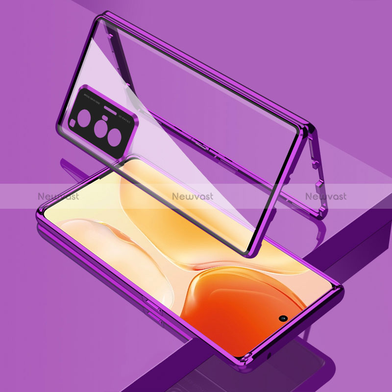 Luxury Aluminum Metal Frame Mirror Cover Case 360 Degrees for Vivo X70t Purple