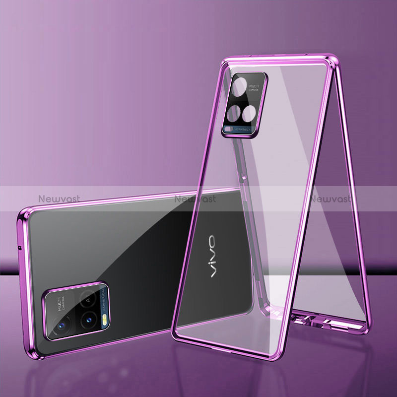 Luxury Aluminum Metal Frame Mirror Cover Case 360 Degrees for Vivo Y21 Purple