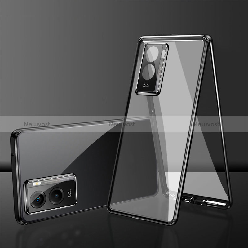 Luxury Aluminum Metal Frame Mirror Cover Case 360 Degrees for Vivo Y35 5G Black