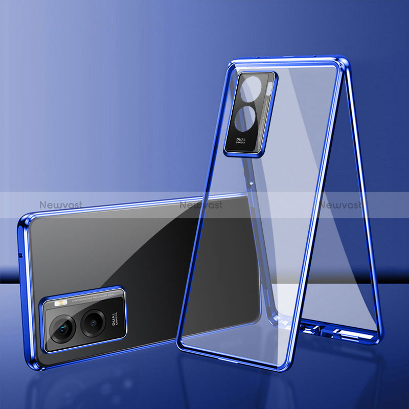 Luxury Aluminum Metal Frame Mirror Cover Case 360 Degrees for Vivo Y35m 5G Blue