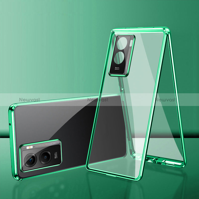 Luxury Aluminum Metal Frame Mirror Cover Case 360 Degrees for Vivo Y35m 5G Green