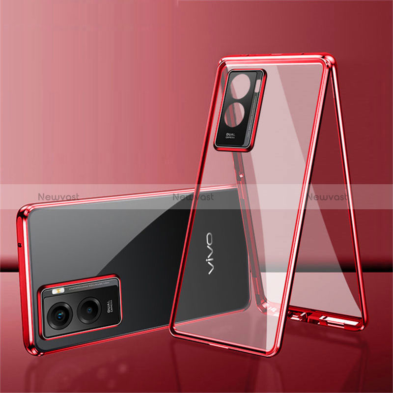 Luxury Aluminum Metal Frame Mirror Cover Case 360 Degrees for Vivo Y55s (2021) Red