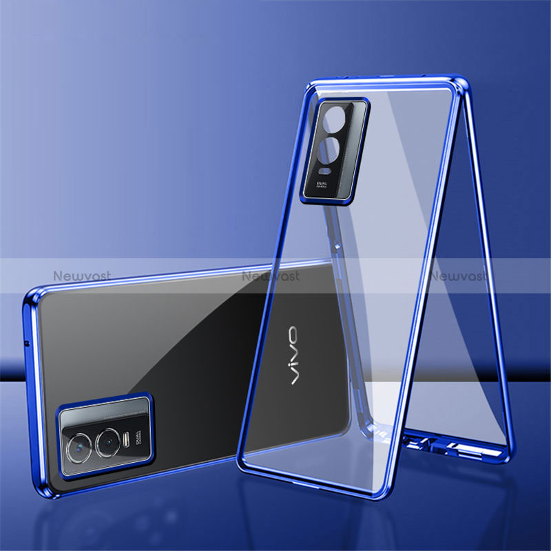 Luxury Aluminum Metal Frame Mirror Cover Case 360 Degrees for Vivo Y76s 5G Blue