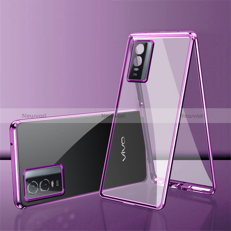 Luxury Aluminum Metal Frame Mirror Cover Case 360 Degrees for Vivo Y76s 5G Purple