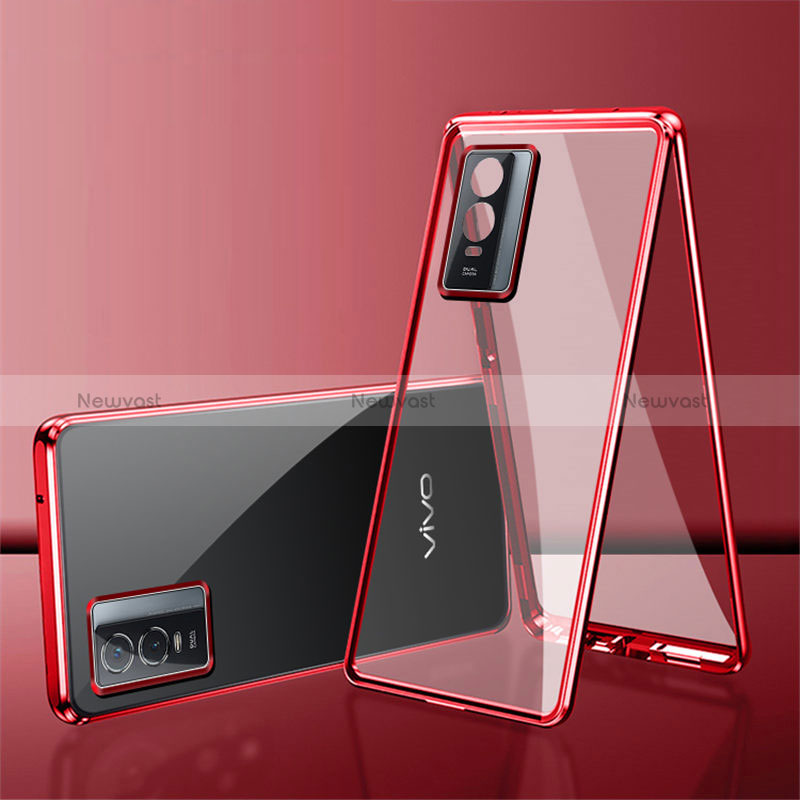 Luxury Aluminum Metal Frame Mirror Cover Case 360 Degrees for Vivo Y76s 5G Red