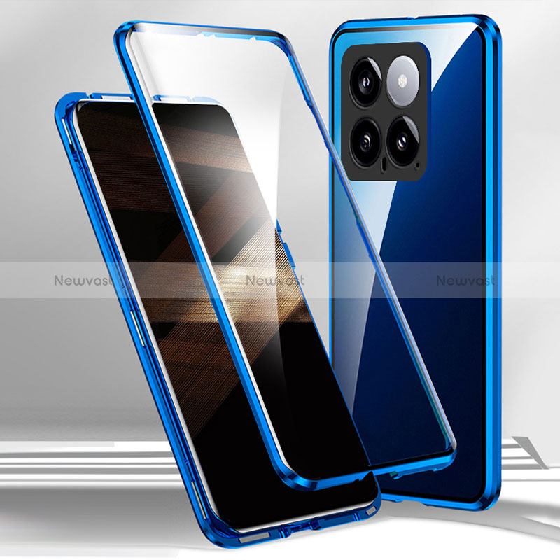 Luxury Aluminum Metal Frame Mirror Cover Case 360 Degrees for Xiaomi Mi 14 5G Blue