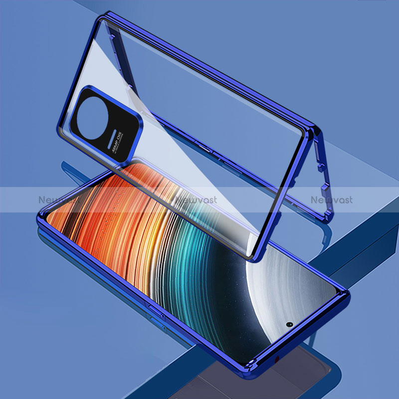 Luxury Aluminum Metal Frame Mirror Cover Case 360 Degrees for Xiaomi Poco F4 5G Blue