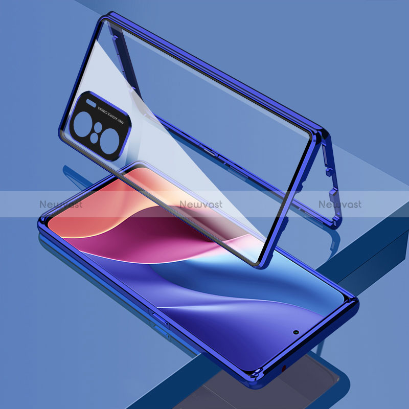 Luxury Aluminum Metal Frame Mirror Cover Case 360 Degrees for Xiaomi Redmi K40 Pro+ Plus 5G Blue