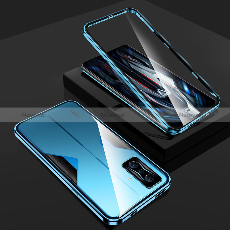 Luxury Aluminum Metal Frame Mirror Cover Case 360 Degrees for Xiaomi Redmi K50 Gaming 5G Blue