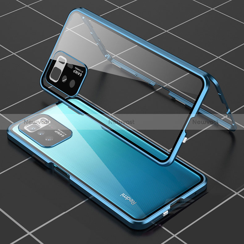 Luxury Aluminum Metal Frame Mirror Cover Case 360 Degrees for Xiaomi Redmi Note 10 Pro 5G Blue