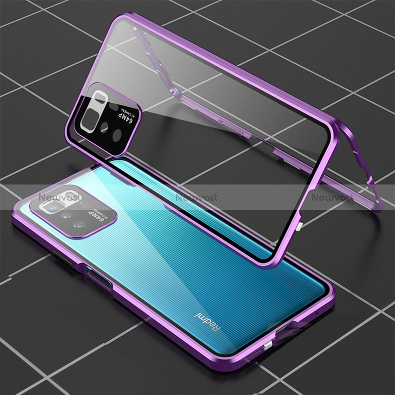 Luxury Aluminum Metal Frame Mirror Cover Case 360 Degrees for Xiaomi Redmi Note 10 Pro 5G Purple