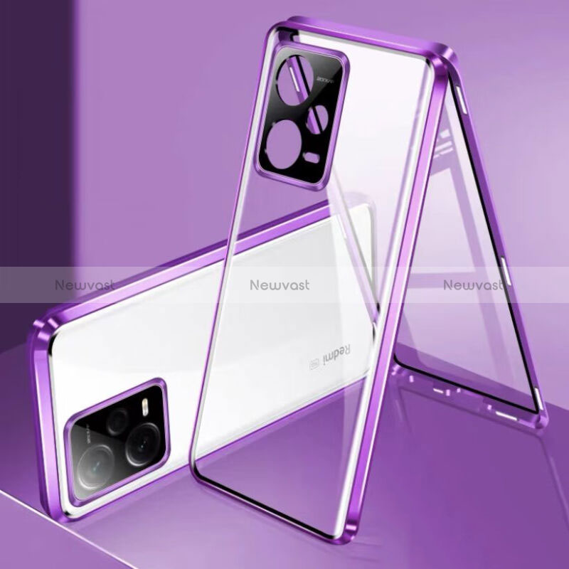 Luxury Aluminum Metal Frame Mirror Cover Case 360 Degrees for Xiaomi Redmi Note 12 5G Purple