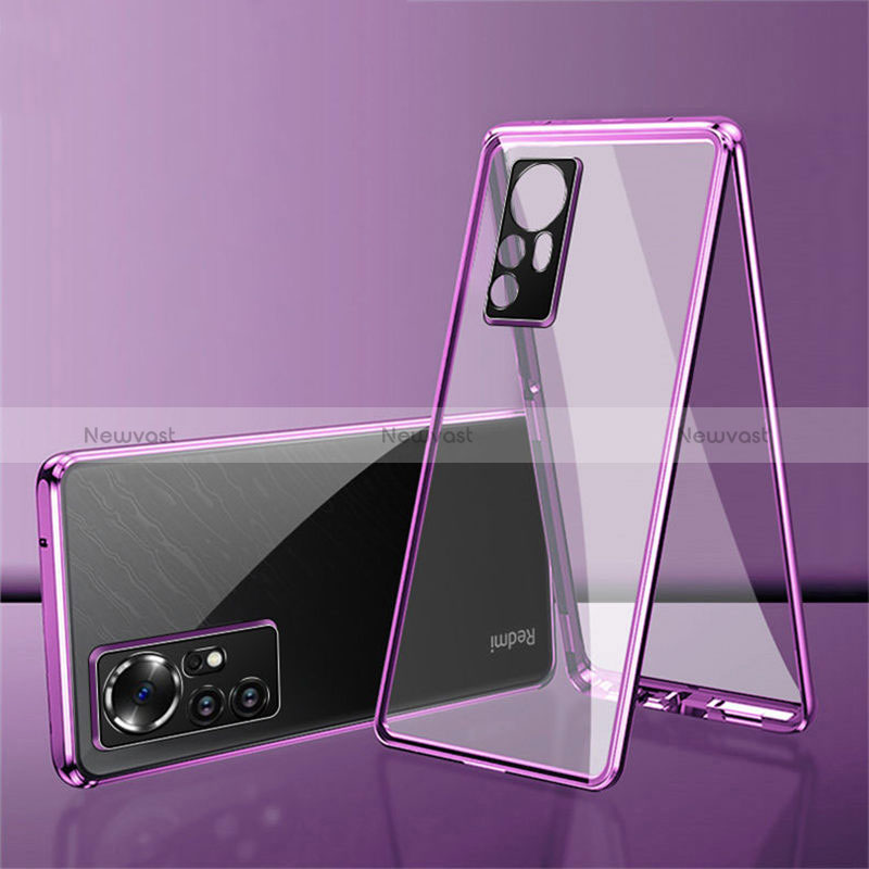 Luxury Aluminum Metal Frame Mirror Cover Case 360 Degrees for Xiaomi Redmi Note 12S Purple