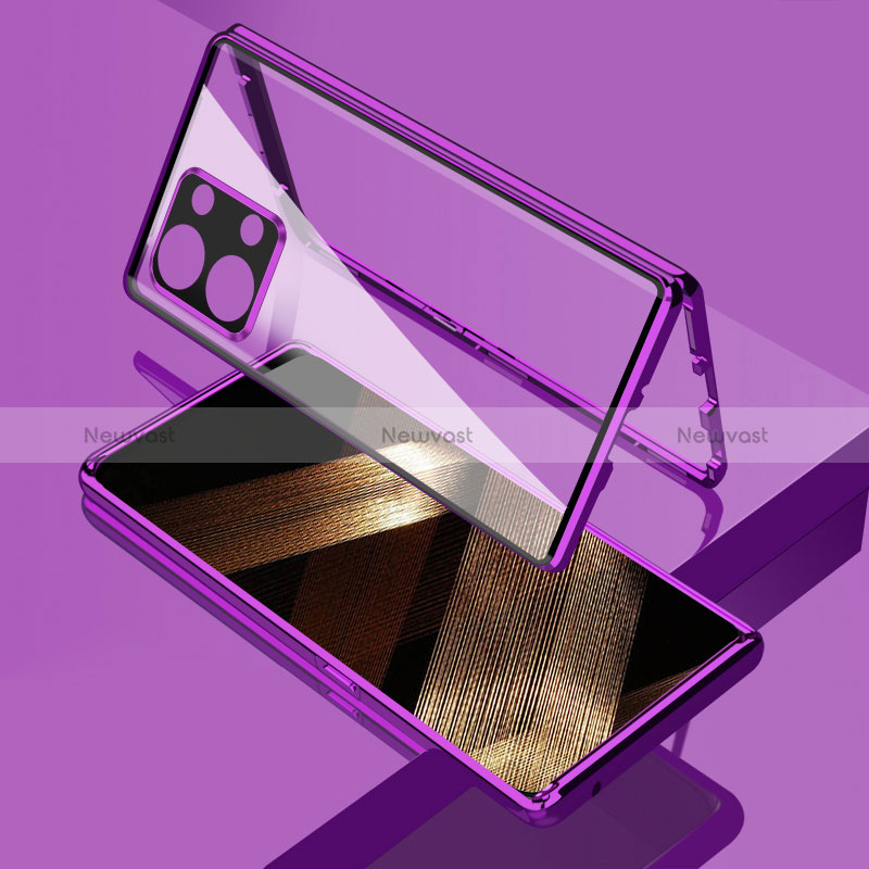 Luxury Aluminum Metal Frame Mirror Cover Case 360 Degrees for Xiaomi Redmi Note 13 5G Purple