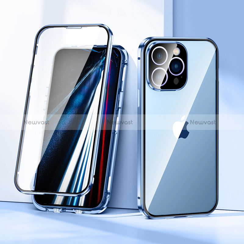 Luxury Aluminum Metal Frame Mirror Cover Case 360 Degrees LK1 for Apple iPhone 13 Pro Blue