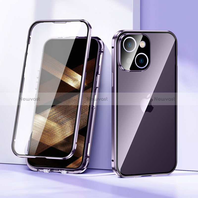 Luxury Aluminum Metal Frame Mirror Cover Case 360 Degrees LK1 for Apple iPhone 15 Purple