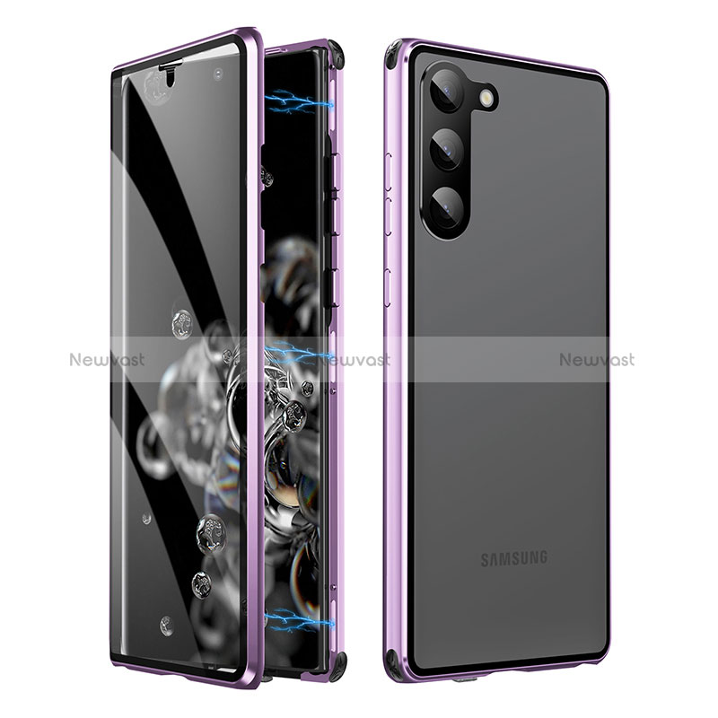 Luxury Aluminum Metal Frame Mirror Cover Case 360 Degrees LK1 for Samsung Galaxy S22 Plus 5G Purple