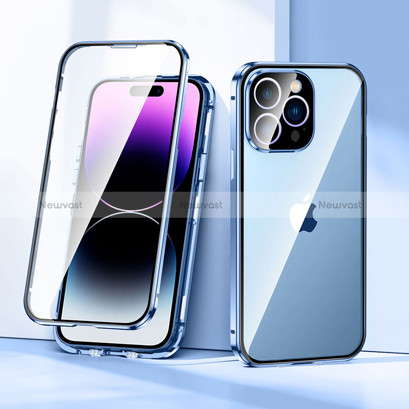 Luxury Aluminum Metal Frame Mirror Cover Case 360 Degrees LK2 for Apple iPhone 14 Pro Max Blue