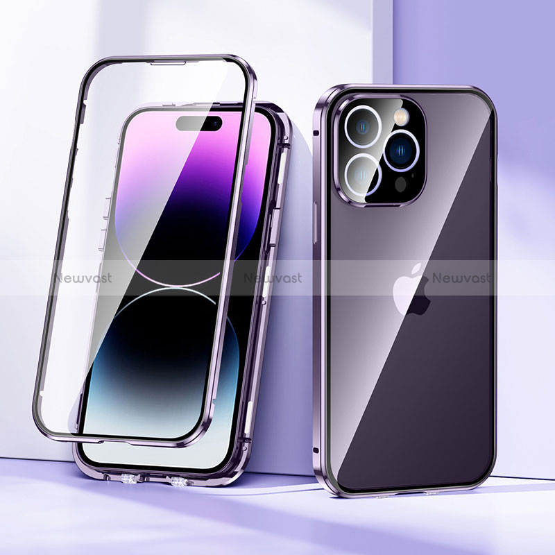 Luxury Aluminum Metal Frame Mirror Cover Case 360 Degrees LK2 for Apple iPhone 14 Pro Max Purple