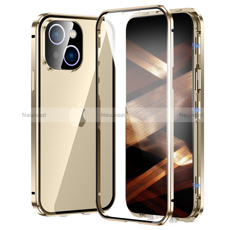 Luxury Aluminum Metal Frame Mirror Cover Case 360 Degrees LK2 for Apple iPhone 15 Gold