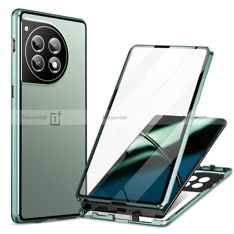 Luxury Aluminum Metal Frame Mirror Cover Case 360 Degrees LK2 for OnePlus 12 5G Green