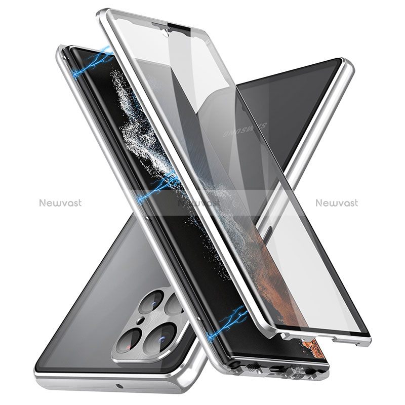 Luxury Aluminum Metal Frame Mirror Cover Case 360 Degrees LK2 for Samsung Galaxy S22 Ultra 5G Silver