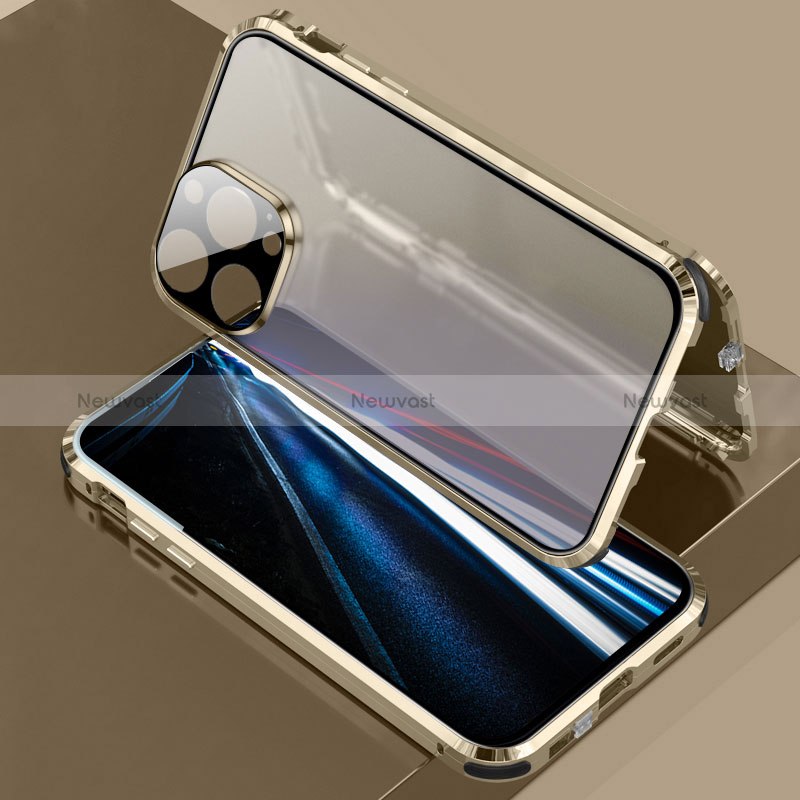 Luxury Aluminum Metal Frame Mirror Cover Case 360 Degrees LK3 for Apple iPhone 13 Pro Gold