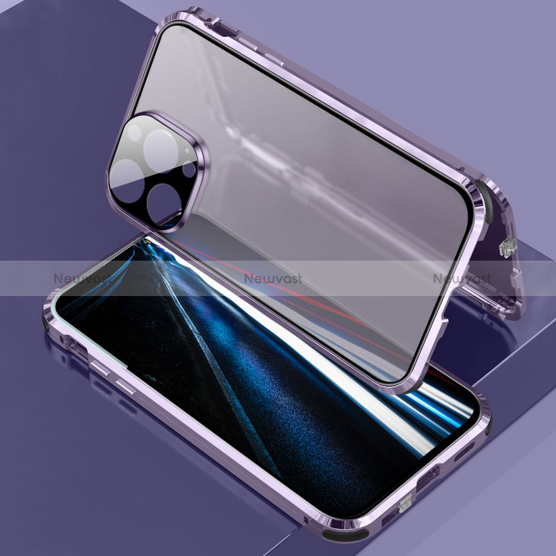 Luxury Aluminum Metal Frame Mirror Cover Case 360 Degrees LK3 for Apple iPhone 13 Pro Max Purple