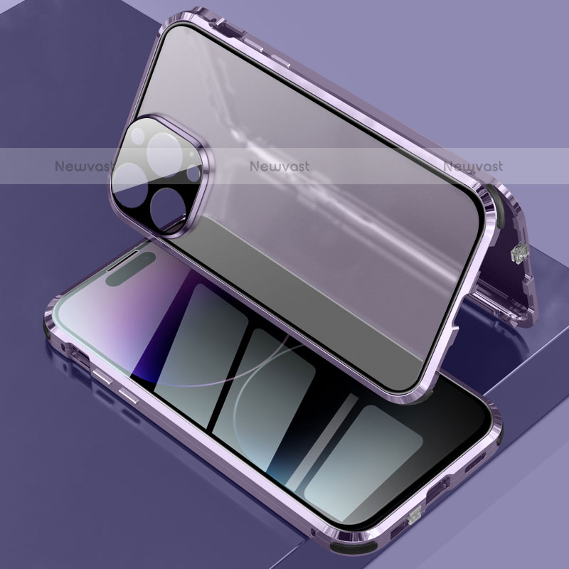 Luxury Aluminum Metal Frame Mirror Cover Case 360 Degrees LK3 for Apple iPhone 15 Pro Max Purple