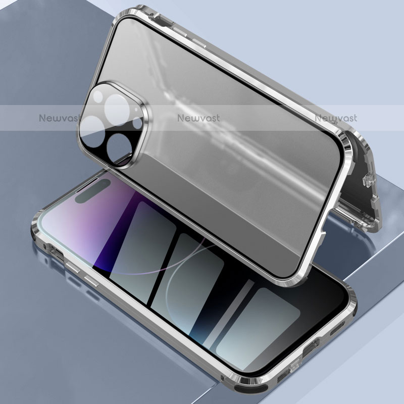 Luxury Aluminum Metal Frame Mirror Cover Case 360 Degrees LK3 for Apple iPhone 15 Pro Max Silver