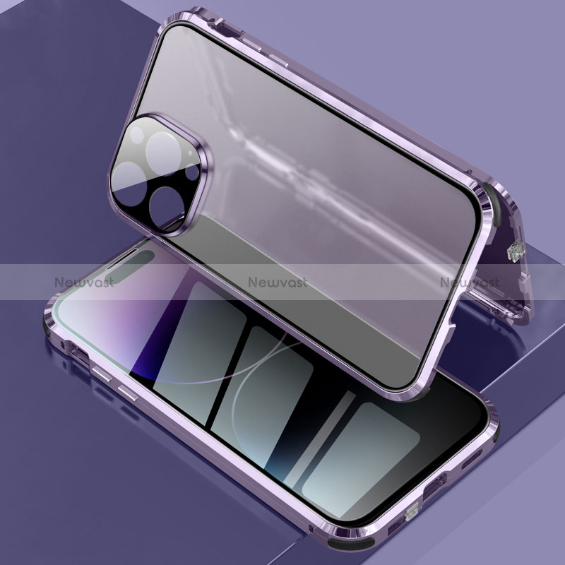 Luxury Aluminum Metal Frame Mirror Cover Case 360 Degrees LK3 for Apple iPhone 15 Pro Purple