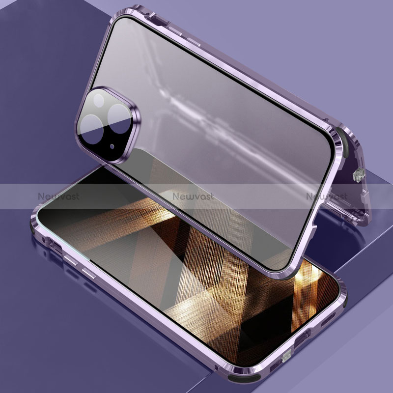 Luxury Aluminum Metal Frame Mirror Cover Case 360 Degrees LK3 for Apple iPhone 15 Purple