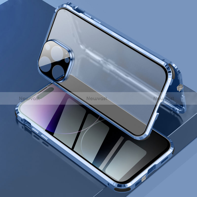 Luxury Aluminum Metal Frame Mirror Cover Case 360 Degrees LK3 for Apple iPhone 16 Pro Max Blue