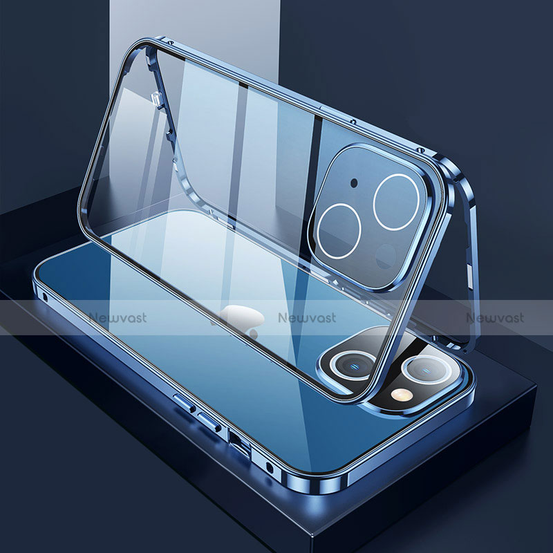 Luxury Aluminum Metal Frame Mirror Cover Case 360 Degrees M01 for Apple iPhone 13 Mini Blue