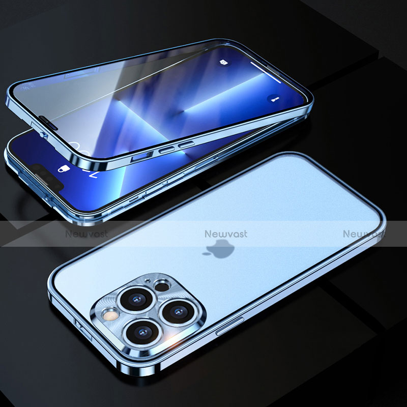 Luxury Aluminum Metal Frame Mirror Cover Case 360 Degrees M01 for Apple iPhone 13 Pro Blue