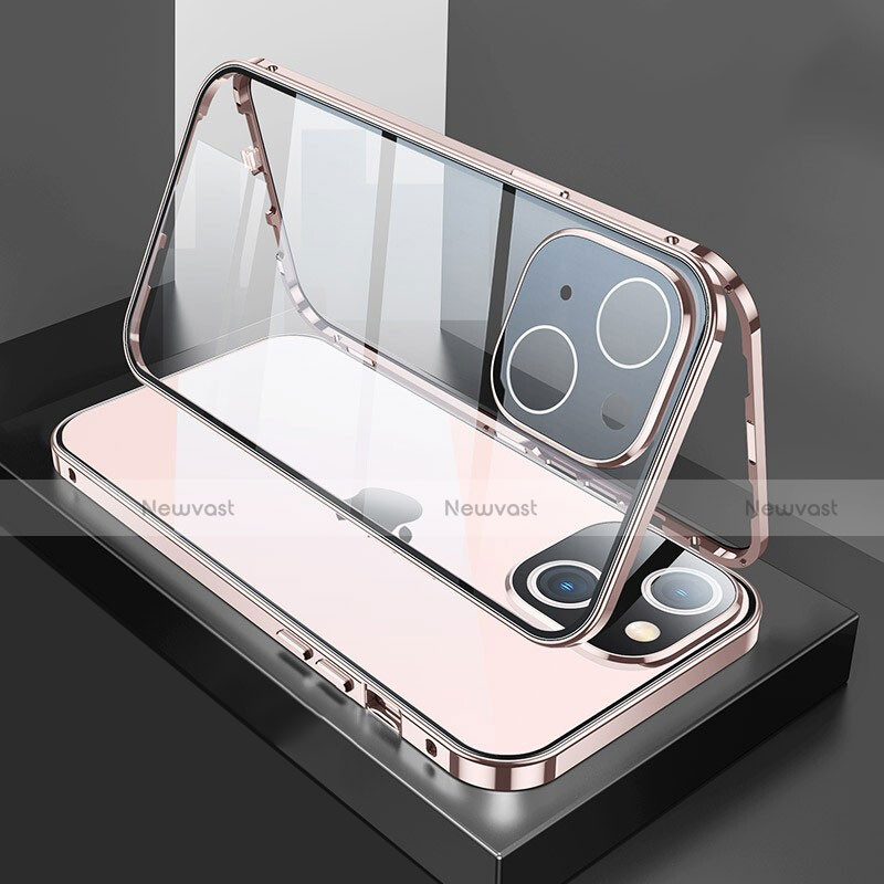 Luxury Aluminum Metal Frame Mirror Cover Case 360 Degrees M01 for Apple iPhone 14 Rose Gold