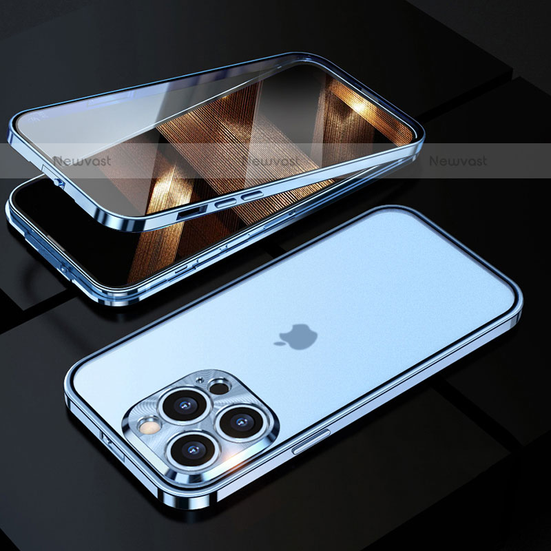 Luxury Aluminum Metal Frame Mirror Cover Case 360 Degrees M01 for Apple iPhone 15 Pro Blue