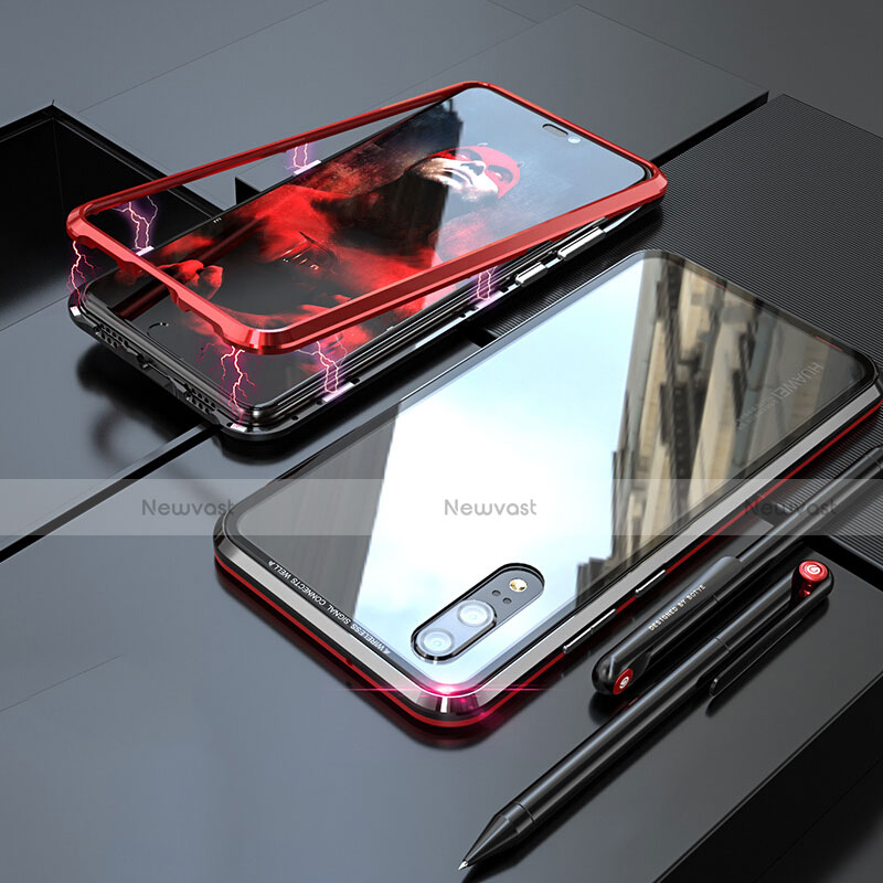 Luxury Aluminum Metal Frame Mirror Cover Case 360 Degrees M01 for Huawei P20 Red and Black