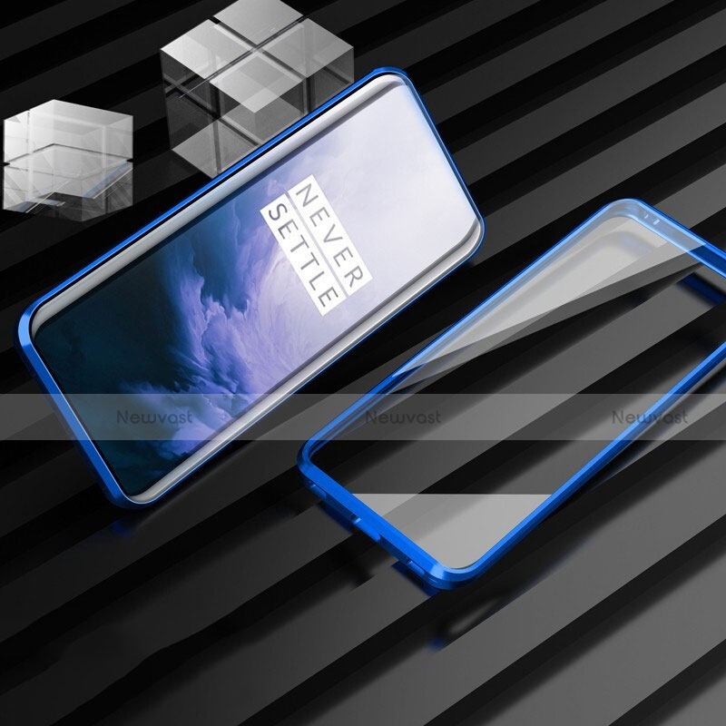 Luxury Aluminum Metal Frame Mirror Cover Case 360 Degrees M01 for OnePlus 7T Pro 5G Blue