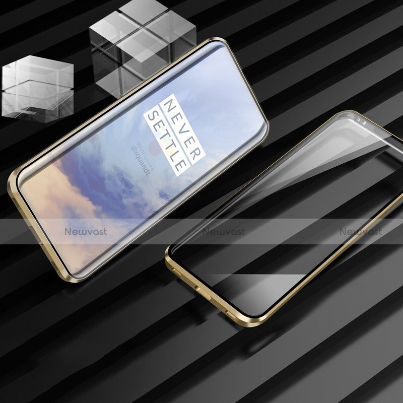 Luxury Aluminum Metal Frame Mirror Cover Case 360 Degrees M01 for OnePlus 7T Pro Gold